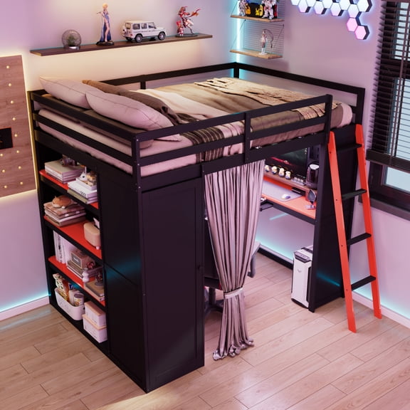 Full Size Loft Bed with Desk and Stairs, Wood Gaming Loft Bed with Wardrobe and Shelf, High Loft Bed with Charging Station & Blackout, for Teens, Adults, Red