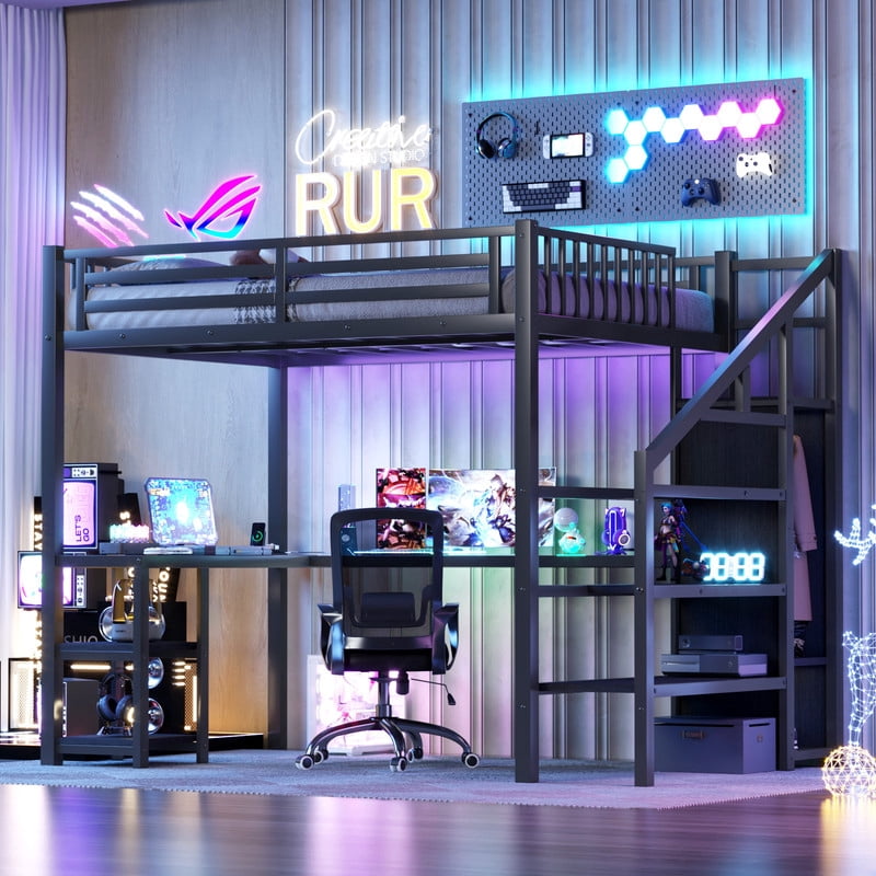 Full Size Loft Bed with Desk and Storage, Metal Loft Bed Frame with ...