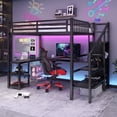 thumbnail image 1 of Full Size Loft Bed with Desk and Storage, Metal Loft Bed Frame with Stairs and LED Light, Gaming Loft Bed with Charging Station, Storage Wardrobe and Shelves for Adults Teens Black, 1 of 12