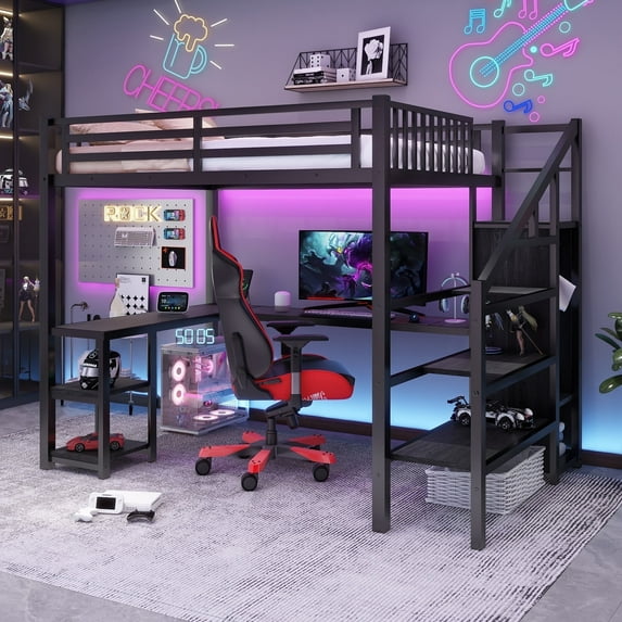 Full Size Loft Bed with Desk and Storage, Metal Loft Bed Frame with Stairs and LED Light, Gaming Loft Bed with Charging Station, Storage Wardrobe and Shelves for Adults Teens Black