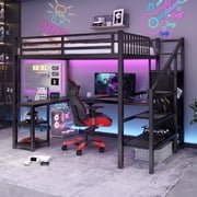 Full Size Loft Bed with Desk and Storage, Metal Loft Bed Frame with Stairs and LED Light, Gaming Loft Bed with Charging Station, Storage Wardrobe and Shelves for Adults Teens Black