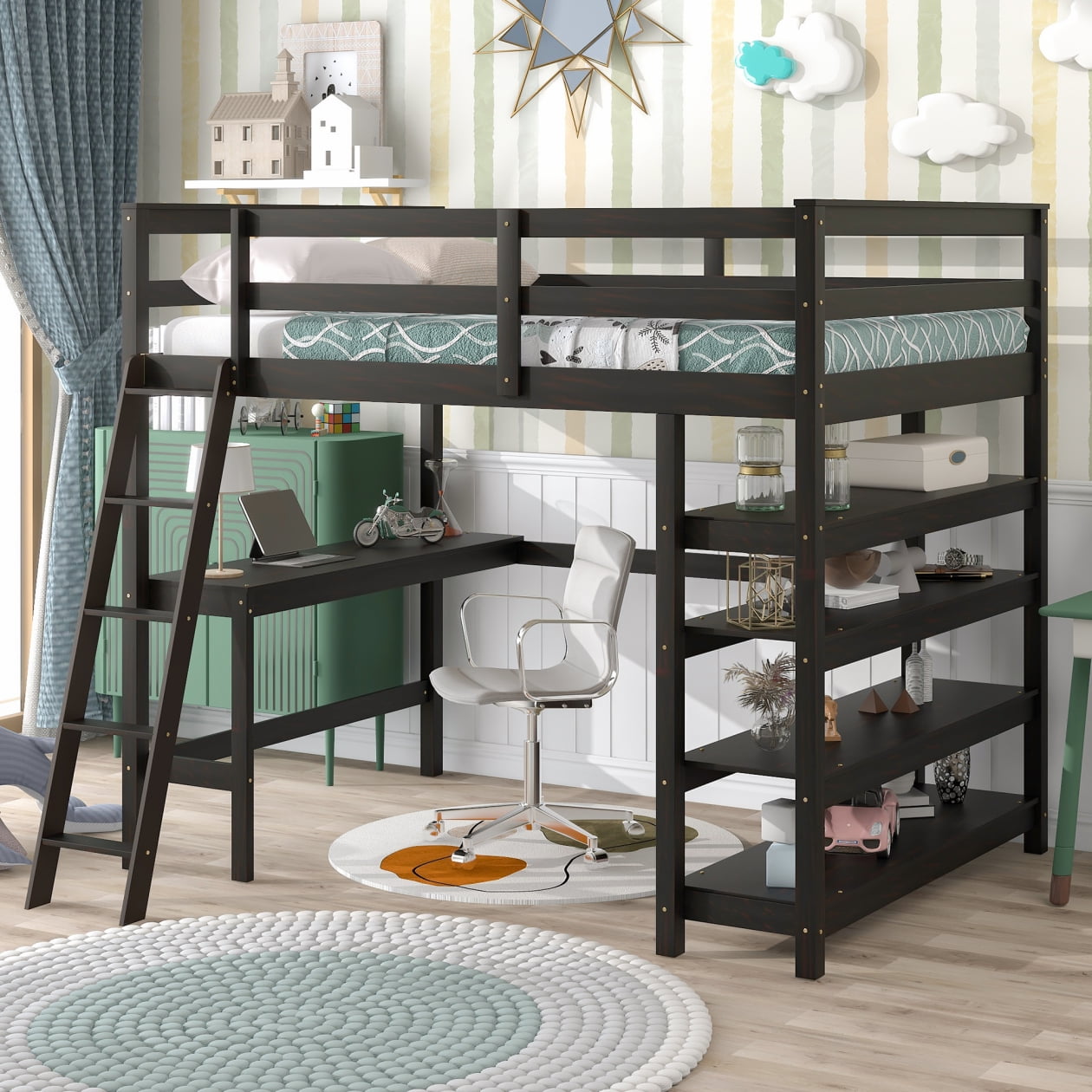 Full Size Loft Bed with Desk and Storage Shelves, High Full Loft Bed with Ladder and Guard Rail