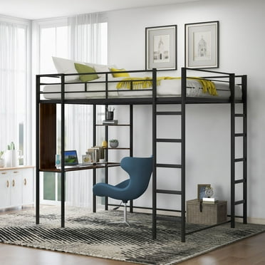 Full Size Loft Bed with Desk and Storage Shelves, Metal Loft Bed Frame with 2 Ladders and Full-length Guardrails, Storage Bed Frame for Kids Adults Bedroom College Dorm, Space Saving, Black