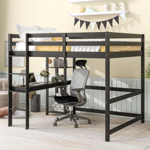 Full Size Loft Bed with Desk and Storage Shelves, Solid Wood Bed Frame with Ladder, Loft Bed