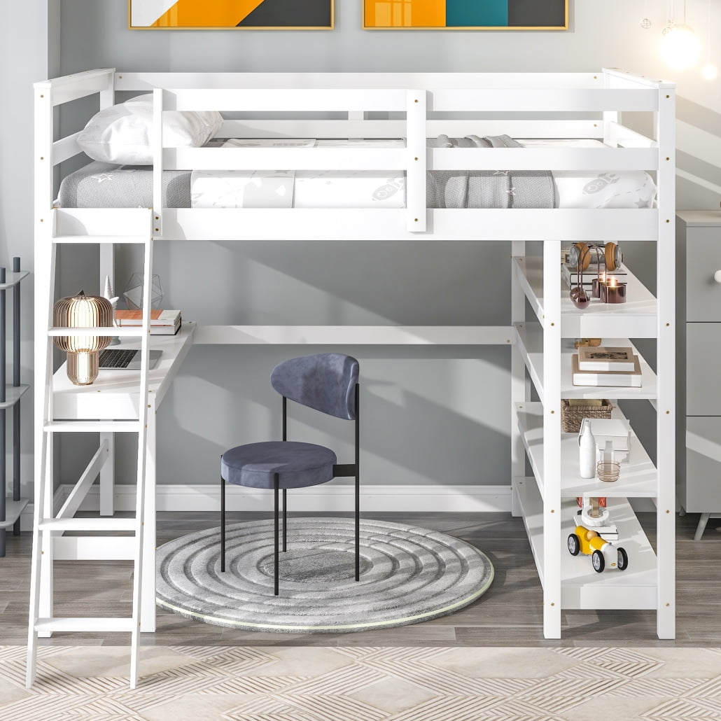 Full Size Loft Bed with Desk and Storage Shelves, Solid Wood Loft Bed Frame with Safety