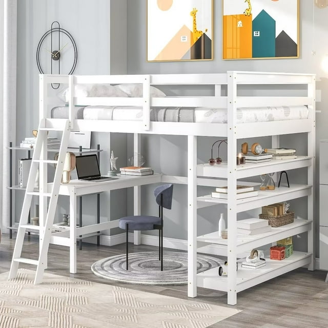 Full Size Loft Bed with Desk and Storage Shelves, Wood Loft Bed Frame with Inclined Ladder and