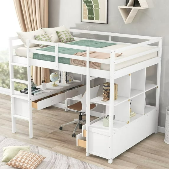 Full Size Loft Bed with Desk, Wooden Loft Bed Frame with 6 Storage Shelves and Drawers, High Bed with Safety Guardrail and Built-in Ladder, for Girls Boys Teens Bedroom, No Box Spring Needed, White