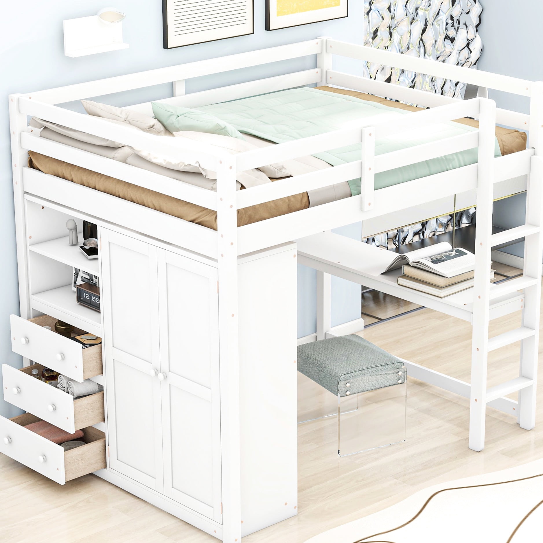 Full Size Loft Bed Drawers, Desk & Storage Function Bedroom Living — free download