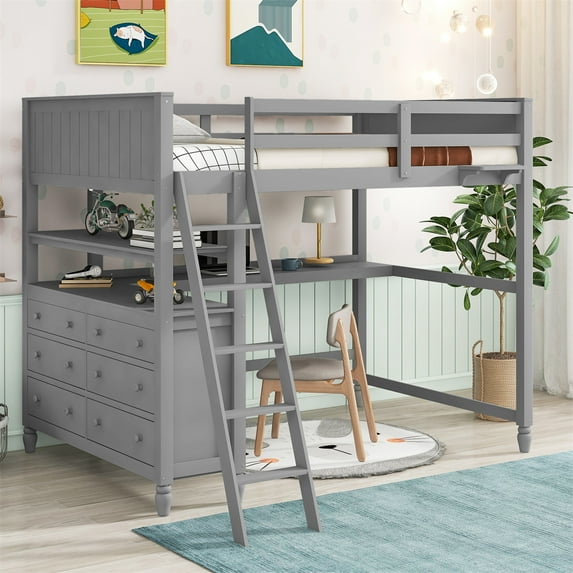 Full Size Loft Bed with Drawers and Desk, Wooden Loft Bed Frame with Shelves, High Loft Bed Full Bed Frame for Boys Girls and Teens, Space Saver, No Box Spring Needed, Gray