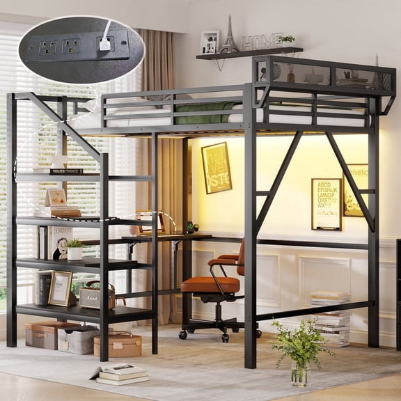 Full Size Loft Bed with Foldable Desk, Stairs and Upper Storage Shlef, Heavy Duty Metal Lofts Bed with Charging Station & LED Lights, Space-Saving Full Loft Beds for Teens, Adults, Black