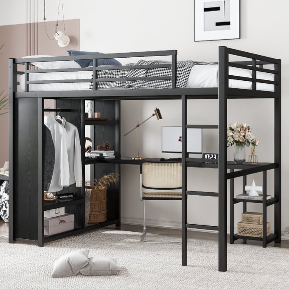 Full Size Loft Bed Frame with Built-in Wardrobe and Desk, Metal Loft Bed with Storage Shelves and Safety Guard Rails & Ladder for Bedroom, Apartmrnt, Dorm, Space-Saving, Mattress Not Included, Black
