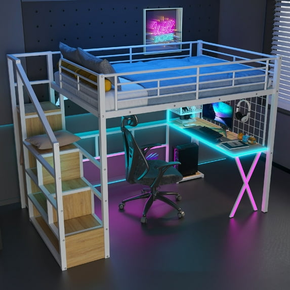 Full Size Loft Bed Frame with Built-in Work Station and Wardrobe, Metal Loft Bed with Storage Staircase and LED Lights, Easy Assembly, Mattress Not Included, No Box Spring Required, White