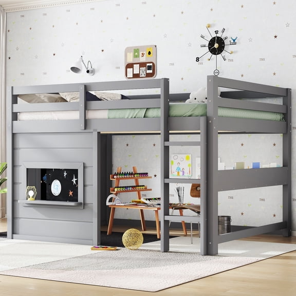 Full Size Loft Bed Frame Chalkboard and Bookshelf, Solid Wood Low Loft Bed Frame with Sliding Window and Under-Bed Playhouse, No Box Spring Needed, Gray