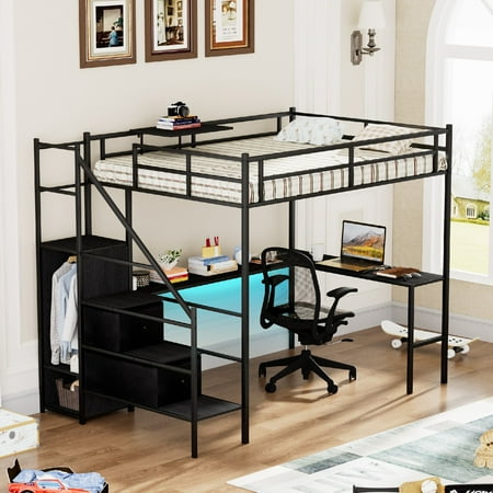 Full Size Loft Bed Frame with Charging Station and LED Lights, Metal Loft Bed with L-shaped Desk, LED Loft Beds Frame with One Cabinet Wardrobe and 2 Fabric Drawers, Safety Rails and Ladder, Black