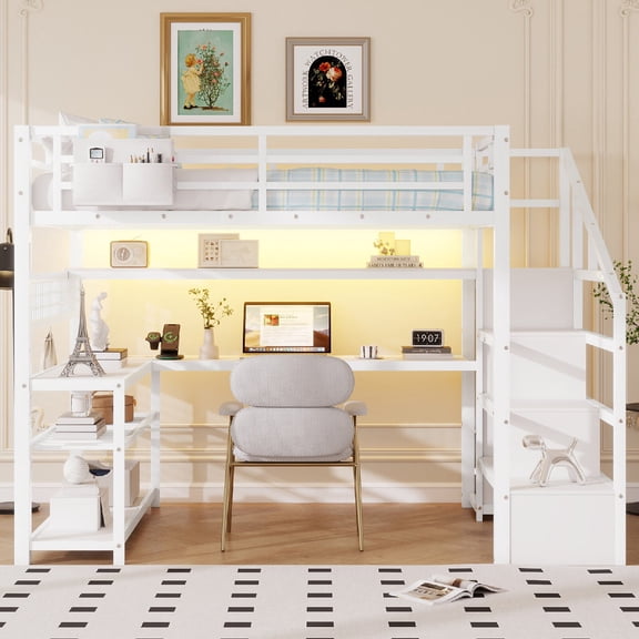 Full Size Loft Bed Frame with Desk and Charging Station, LED Lights Metal Loft Bed with Storage Staircase and Wardrobe for Bedroom, Apartment,Mattress not included, No Spring Box Required, White