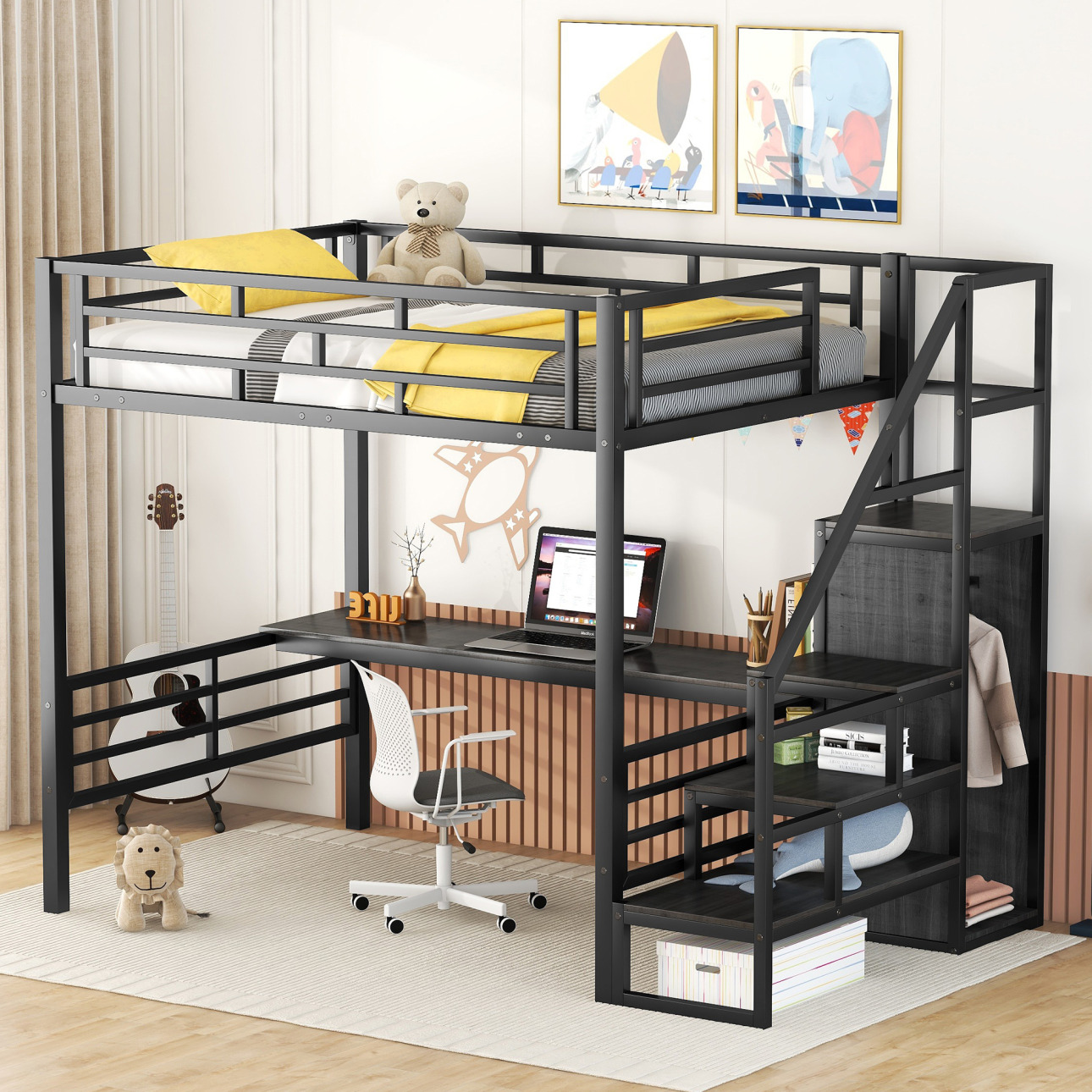 Full Size Loft Bed Frame with Desk, Storage Staircase and Small