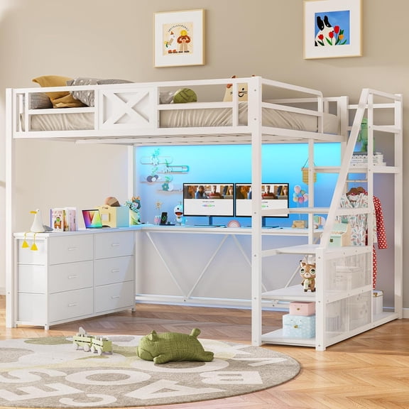 Full Size Loft Bed Frame with L Shaped Desk, Metal Loft Bed with 6 Fabric Drawers, Coat Rack, Power Outlets, LED Lights, and Storage Stairs, Saving Space, White