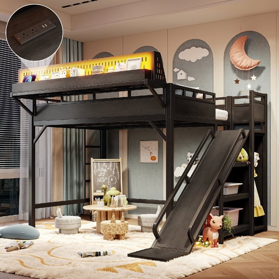 Full Size Loft Bed Frame with Slide and Built-in Wardrobe, LED Lights Metal Loft Bed with Storage Shelves and USB Ports, Pegboard for Bedroom, Dorm, Apartment, Mattress Not Included, Black