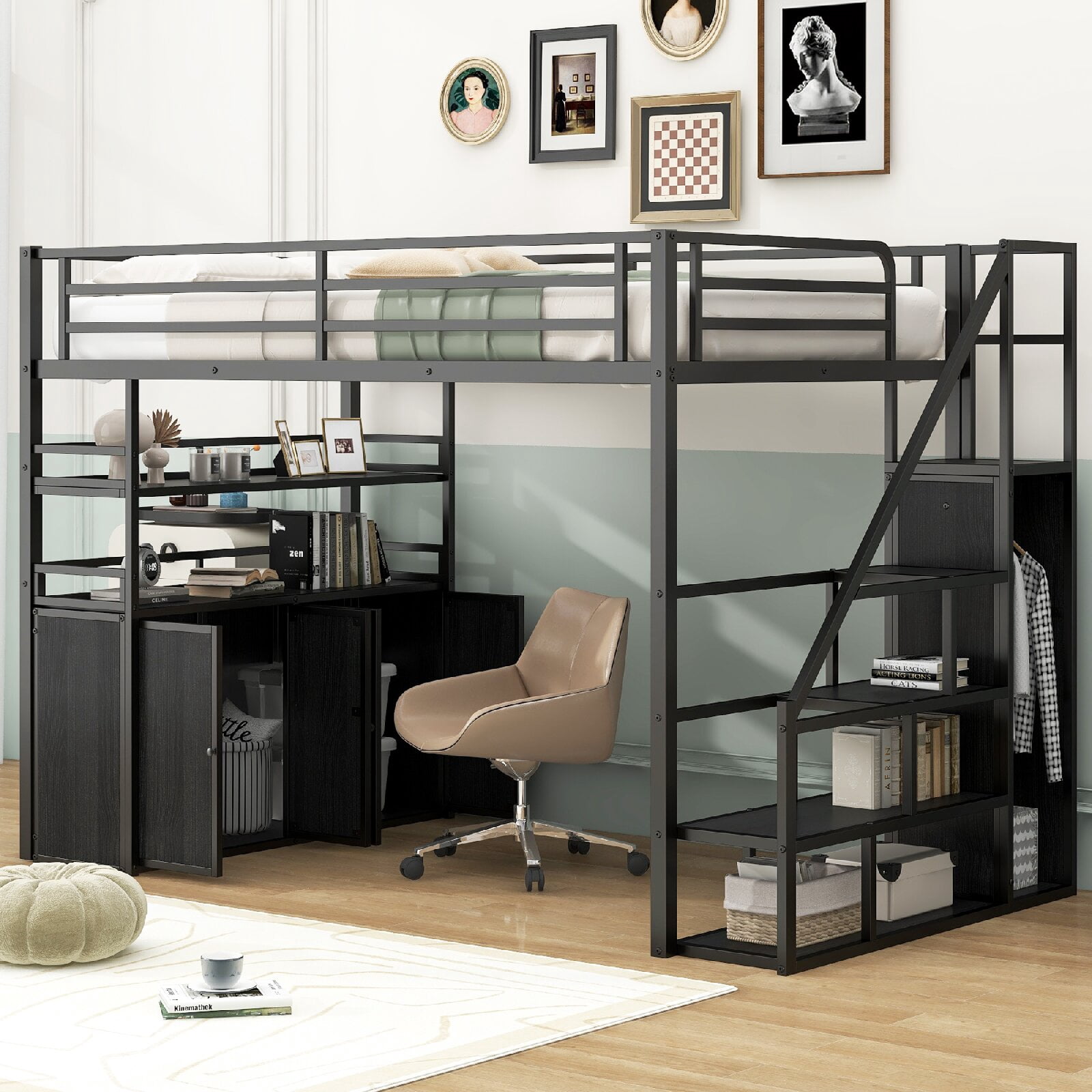 Full Size Loft Bed Frame with Storage Staircase and Wardrobe, Metal