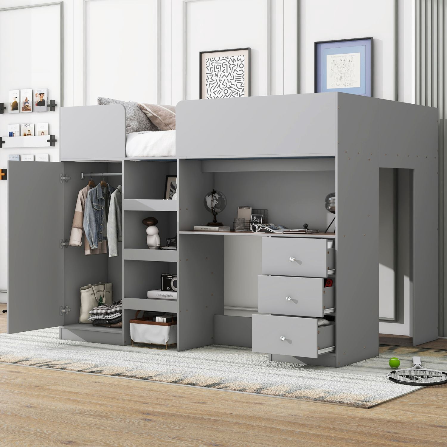 Full Size Loft Bed Frame with Built-in Wardrobe, Desk, 3 Drawers and Storage Shelves, Wood and MDF, No Box Spring Required
