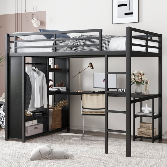 [Luckynote]Full Size Loft Bed Frame with Built-in Wardrobe, Metal Loft Bed with Desk and Storage Shelves, Black