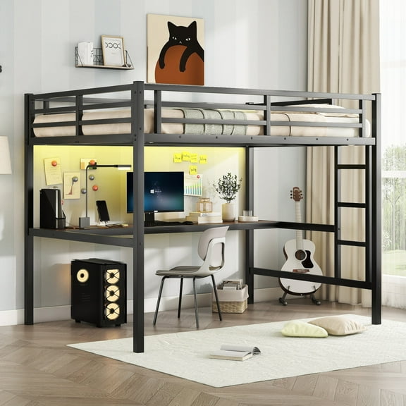 Full Size Loft Bed with Heavy Duty Metal Frame & Study Desk, Power Outlet, Colorful LED Lighting, Safety Guard & Ladder, Noise-Free, No Box Spring Required, Black
