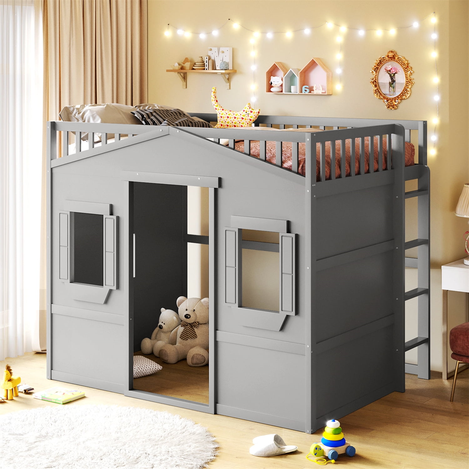 Gray Full Size Pine Wood Loft Bed with Ladder and Playhouse