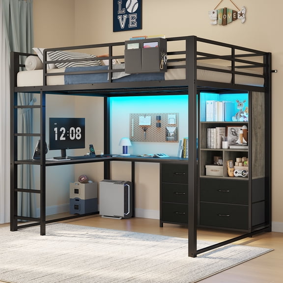 Full Size Loft Bed with L Desk, 5-Tier Bookshelf, 5 Storage Drawers, LED Metal Loft Bed with Power Outlet, Loft Beds with 13.4in Guardrail & Ladders, No Box Spring Needed,Gray Desktop