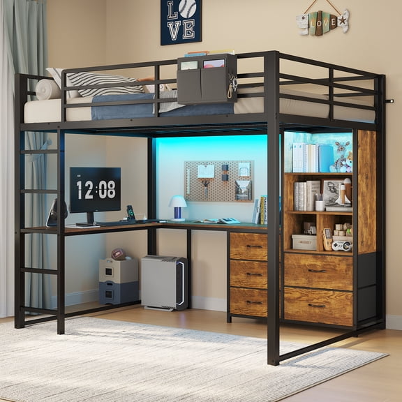 Full Size Loft Bed with L Desk, 5-Tier Bookshelf, 5 Storage Drawers, LED Metal Loft Bed with Power Outlet, Loft Beds with 13.4in Guardrail & Ladders, No Box Spring Needed, Rustic Brown Desktop