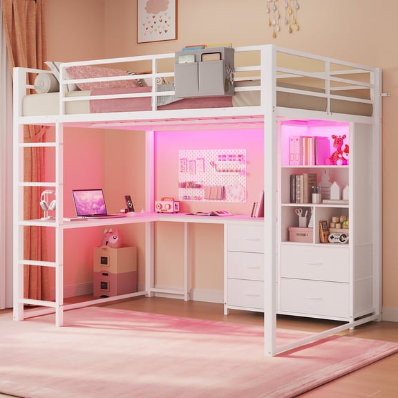 Full Size Loft Bed with L Desk, 5-Tier Bookshelf, 5 Storage Drawers, LED Metal Loft Bed with Power Outlet, Loft Beds with 13.4in Guardrail & Ladders, No Box Spring Needed,White Desktop