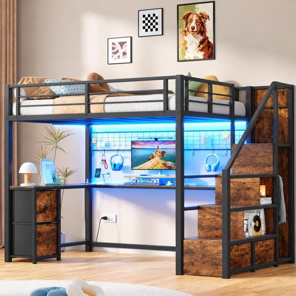 Full Size Loft Bed with L-Shaped Desk, Stairs and Wardrobe, Metal Loft Bed Frame with Storage Shelves & Drawers, LED Lights and Charging Station