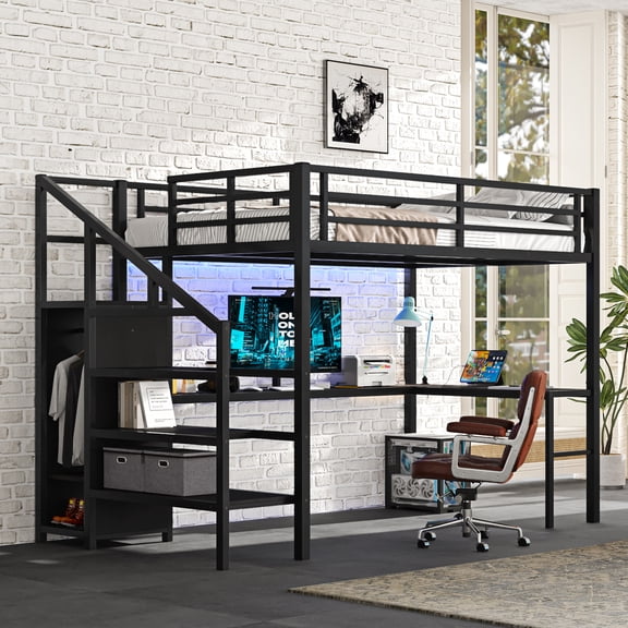 Full Size Loft Bed with L-Shaped Desk and Wardrobe, Metal High Loft Bed Frame with USB Port and LED Lights, Storage Stairs and Adjustable Shelf, Black, Ships in 2 Boxes