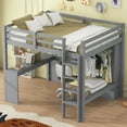 thumbnail image 1 of Full Size Loft Bed with L-shaped Desk, Solid Wood Loft Bed Frame with Wardrobe and Storage Shelves, High Bed Frame for Boys Girls Teens Bedroom, No Box Spring Needed, 1 of 7