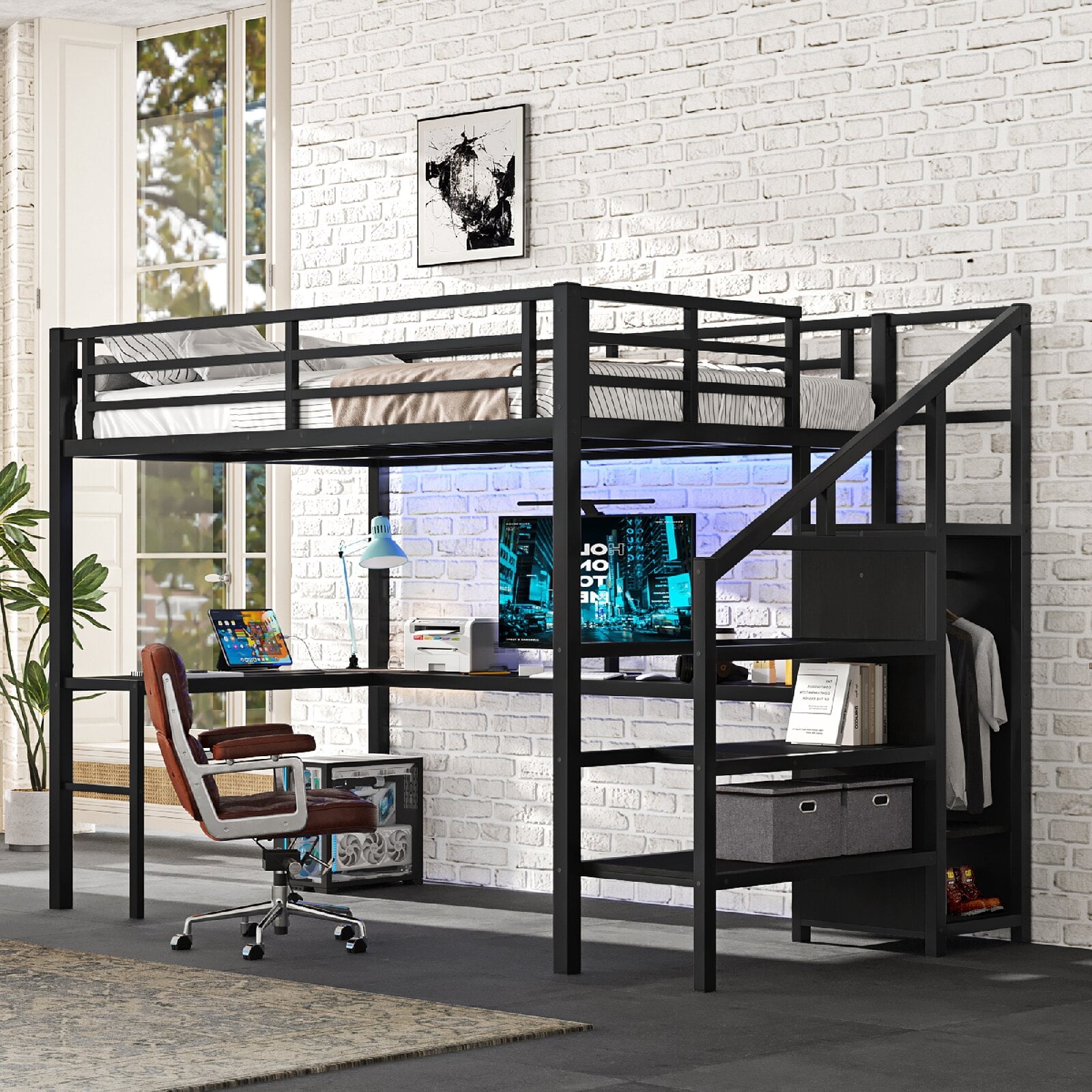 Full Size Loft Bed with L-shaped Desk and USB Charging Station, Metal ...