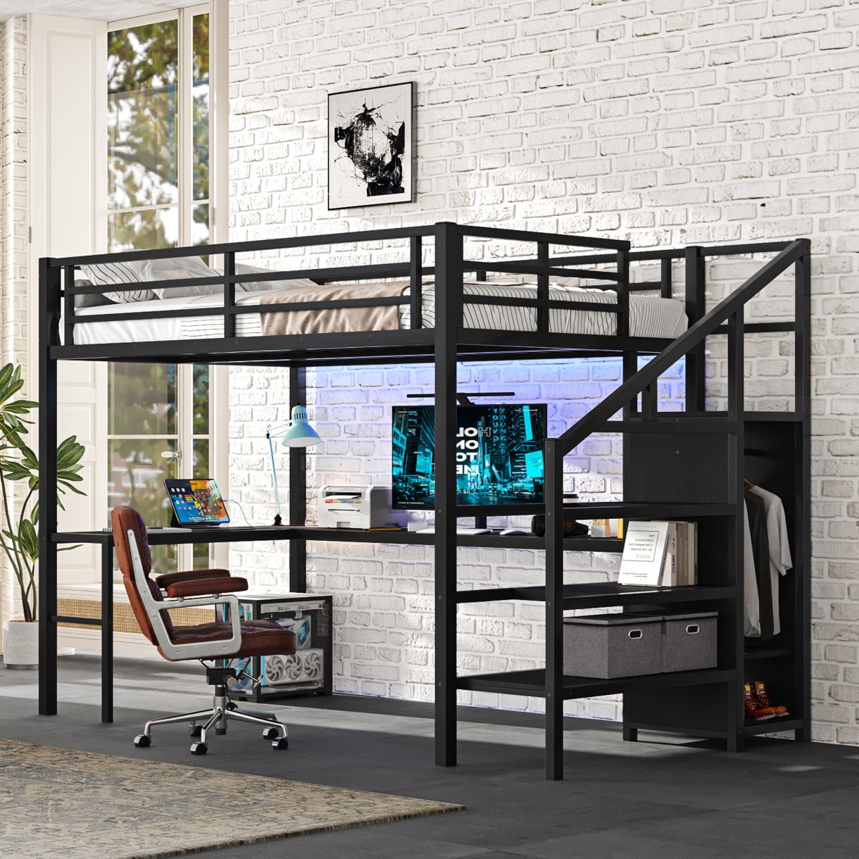 Full Size Loft Bed with L-shaped Desk & USB Ports, Sturdy Metal Loft ...