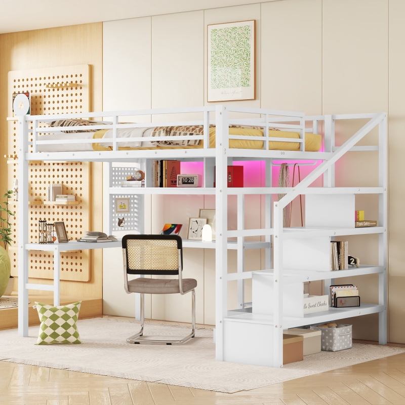 Full Size Loft Bed with LED Light & Charge Station, Metal Loft Bed with ...