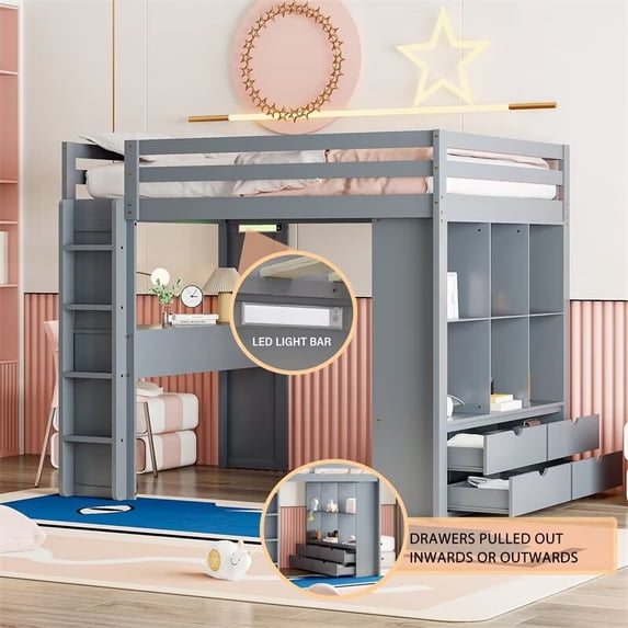 Full Size Loft Bed with Large Shelves, Writing Desk and LED Light, Solid Wood Loft Bed Frame with Ladder and Safety Guardrails for Kids Girls Boys Bedroom, No Box Spring Needed, Gray