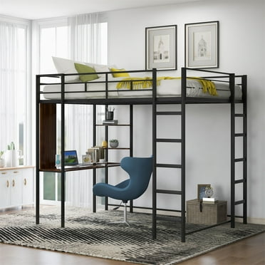 Full Size Loft Bed, Metal Bedframe with 2 Shelves & one Desk, Full Loft Bed Frame Frame with Two Build-in Ladders & Guardrails for Adults, 71.6'' H x 57'' W x 79.5'' L, No Box Spring Needed, Black