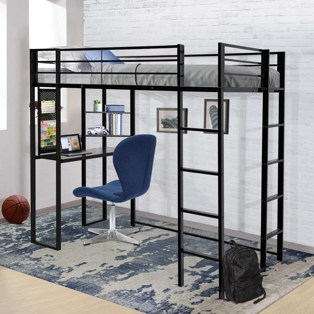 Full Size Loft Bed, Modern Metal Bed Frame with Desk, 2 Triangular