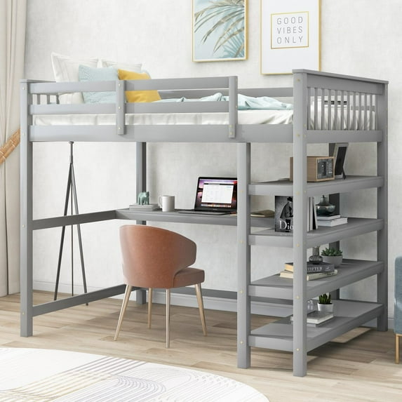Full Size Loft Bed Modern Wood Bed with Long Desk, 4-Tiers Storage Shelves, Gray