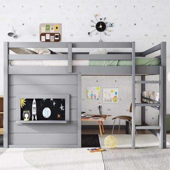Full Size Loft Bed, Playhouse Design with Sliding Chalkboard and Bookshelf, High Safety Rails, Space Saving Elevated Bed for Bedroom, Gray