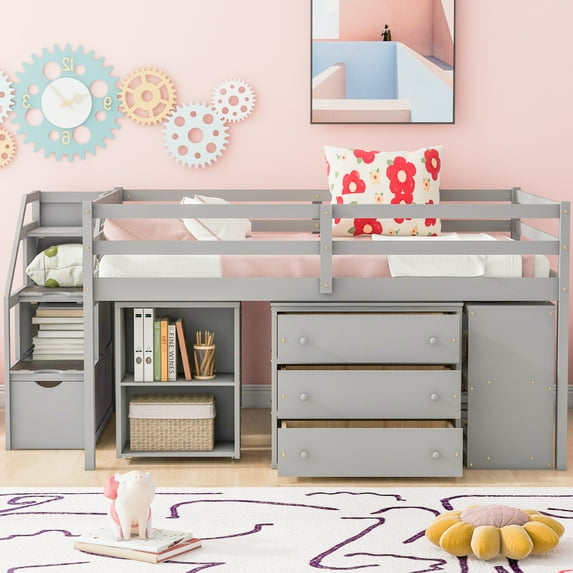Full Size Loft Bed with Pull-Out Desk, Wooden Loft Bed with Storage Staircase, Drawers and Shelves, Full Size Bed Frame for Girls, Boys, Teens, No Box Spring Needed, Gray