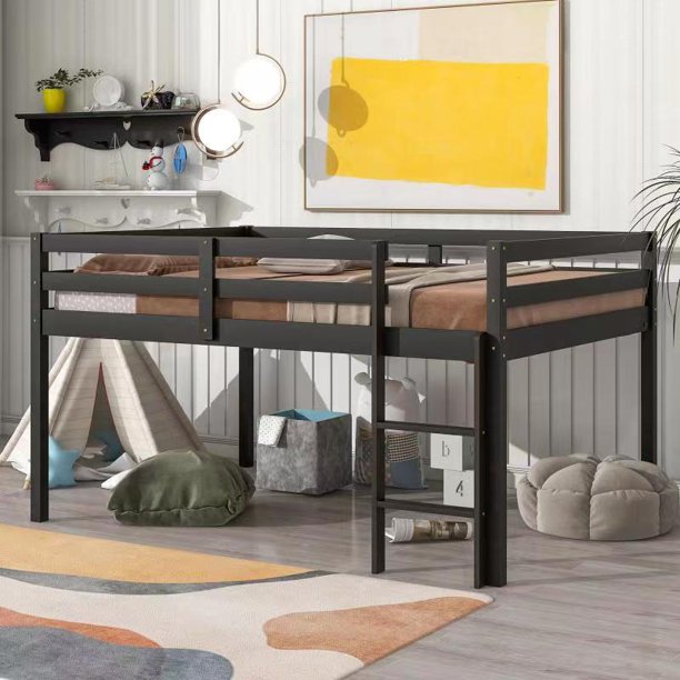 Full Size Loft Bed,Solid Wood Loft Bed with Guardrail and Built in