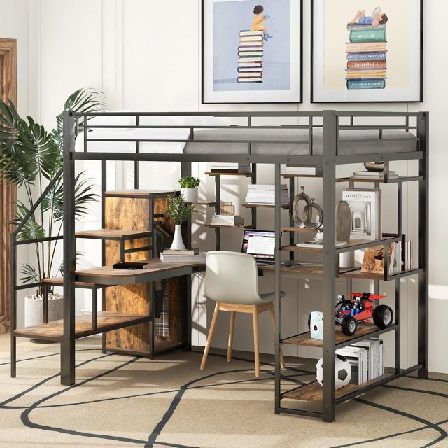 Full Size Loft Bed with Stairs and Desk, Metal Loft Bed Frame with