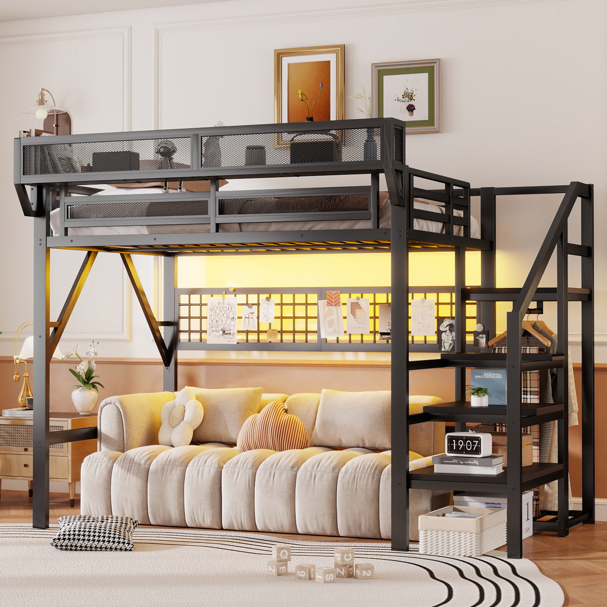 Full Size Loft Bed with Stairs, Metal Full Loft Bed with Light and ...
