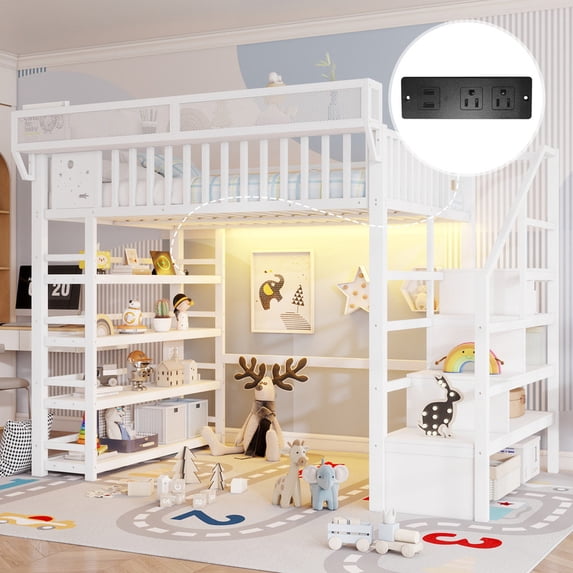 Full Size Loft Bed with Stairs and Storage, Metal Loft Beds Frame with Bedside Shelf and Wardrobe,4 Shelf Storage Rack, Charging Station, Heavy Duty High Loft Bed, White