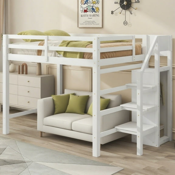 Full Size Loft Bed with Stairs, Wood Loft Beds Frame with Wardrobe and Hanging Rod, Full Bed with Under Bed torage for Teens Adults-White