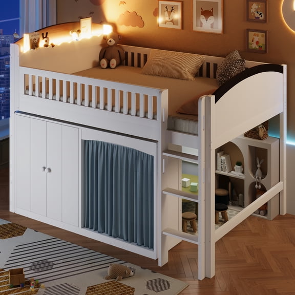 Full Size Loft Bed with Storage Cabinet & Wardrobe, Space Saving Loft Bed Frame with Built-in LED Headboard, Multifunctional Wooden Bed for Small Rooms, Solid Wood+MDF, White