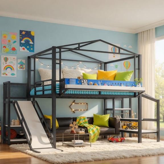 Full Size Loft Bed with Storage Stairs, Shelves and Built-in Wardrobe, Metal Loft Bed Frame with USB Ports and LED Lights, Noise-Reduced Heavy Duty Design, Black