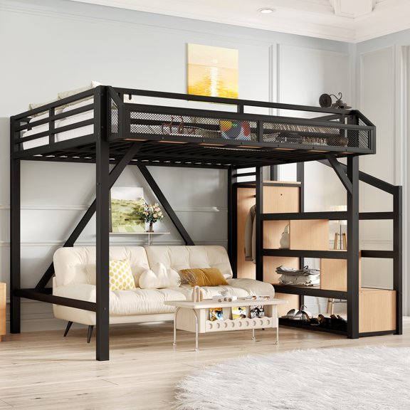 Full Size Loft Bed with Storage Stairs, Shelves and Wardrobe, Metal Full Size Loft Bed with USB Ports and LED Lights, Large Under-Bed Space Loft Beds for Adults, Teens, Noise-reduced Design